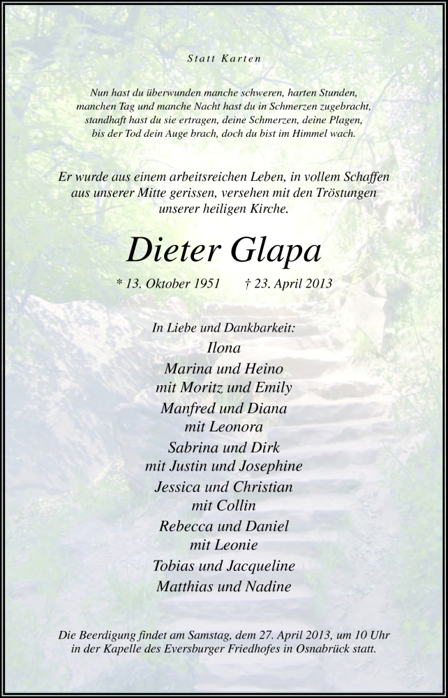  Traueranzeige für Dieter Glapa vom 25.04.2013 aus Neue Osnabrücker Zeitung GmbH & Co. KG