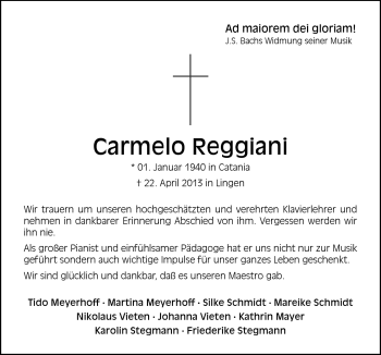 Traueranzeige von Carmelo Reggiani von Neue Osnabrücker Zeitung GmbH & Co. KG