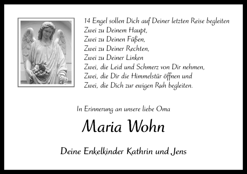  Traueranzeige für Maria Wohn vom 27.04.2013 aus Neue Osnabrücker Zeitung GmbH & Co. KG