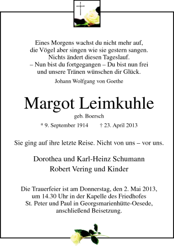 Traueranzeige von Margot Leimkuhle von Neue Osnabrücker Zeitung GmbH & Co. KG
