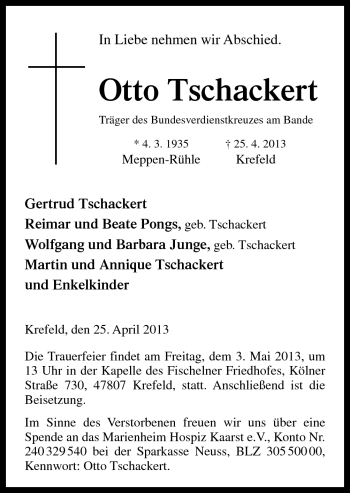 Traueranzeige von Otto Tschackert von Neue Osnabrücker Zeitung GmbH & Co. KG