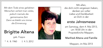 Traueranzeige von Brigitte Altena von Neue Osnabrücker Zeitung GmbH & Co. KG