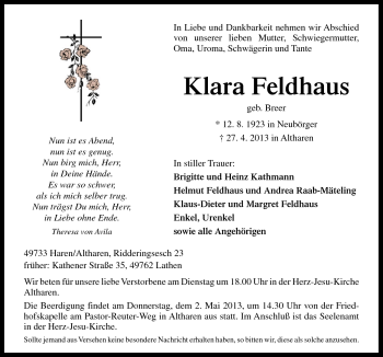 Traueranzeige von Klara Feldhaus von Neue Osnabrücker Zeitung GmbH & Co. KG