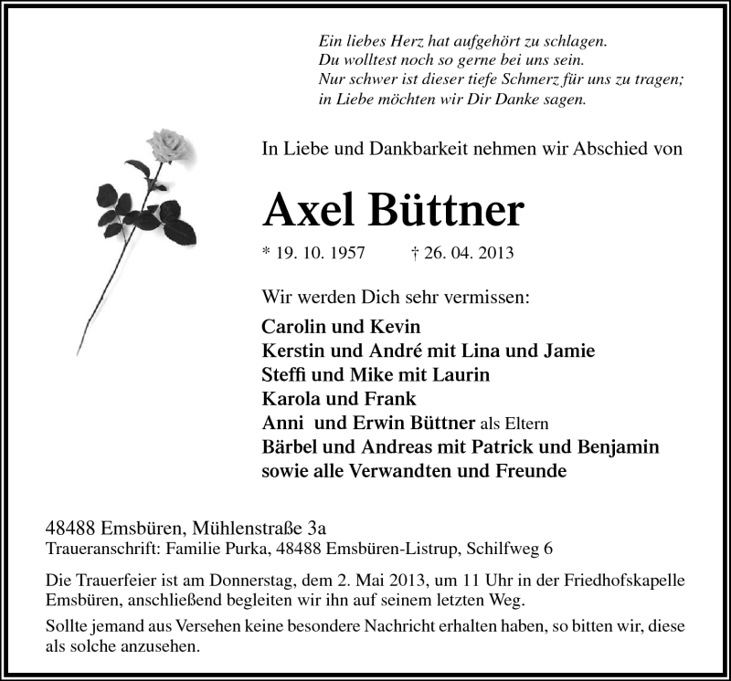  Traueranzeige für Axel Büttner vom 29.04.2013 aus Neue Osnabrücker Zeitung GmbH & Co. KG