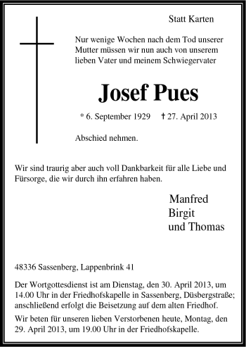 Traueranzeige von Josef Pues von Neue Osnabrücker Zeitung GmbH & Co. KG