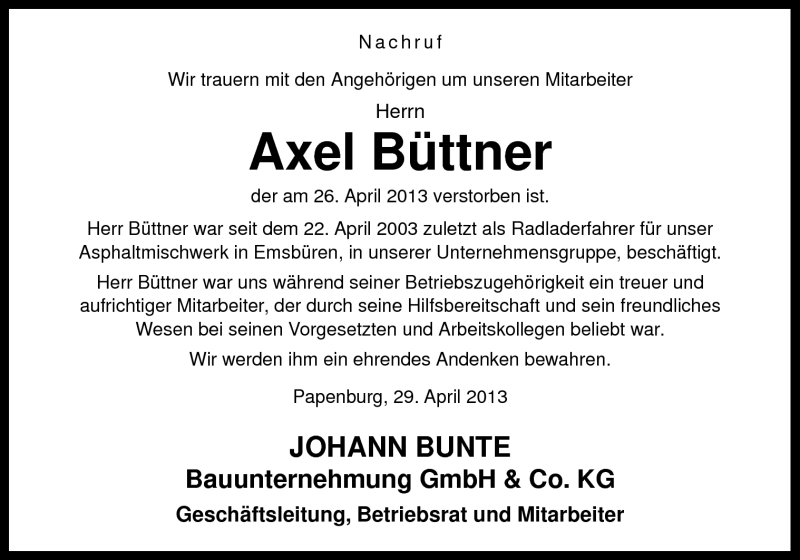  Traueranzeige für Axel Büttner vom 30.04.2013 aus Neue Osnabrücker Zeitung GmbH & Co. KG