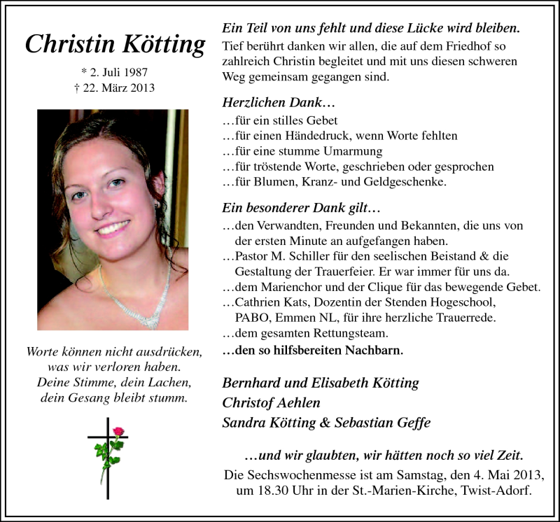  Traueranzeige für Christin Kötting vom 02.05.2013 aus Neue Osnabrücker Zeitung GmbH & Co. KG
