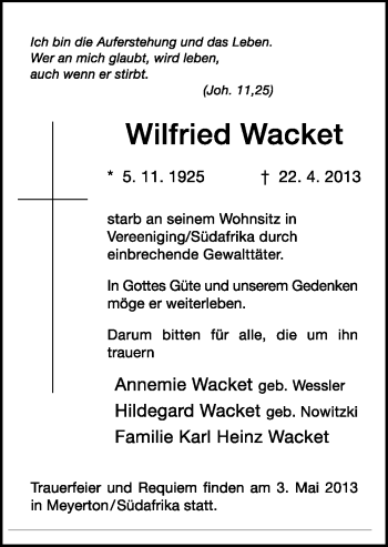 Traueranzeige von Wilfried Wacket von Neue Osnabrücker Zeitung GmbH & Co. KG