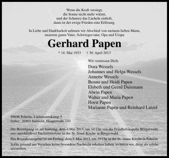 Traueranzeige von Gerhard Papen von Neue Osnabrücker Zeitung GmbH & Co. KG