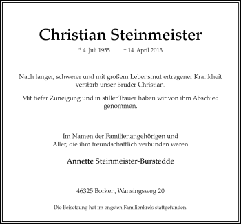 Traueranzeige von Christian Steinmeister von Neue Osnabrücker Zeitung GmbH & Co. KG