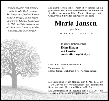 Traueranzeige von Maria Jansen von Neue Osnabrücker Zeitung GmbH & Co. KG