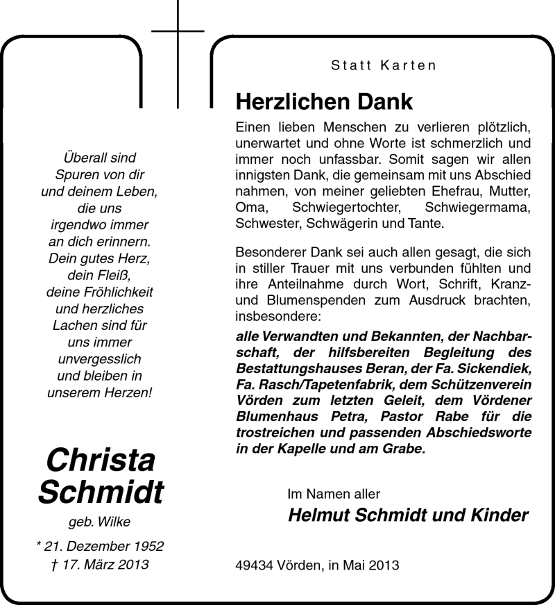  Traueranzeige für Christa Schmidt vom 04.05.2013 aus Neue Osnabrücker Zeitung GmbH & Co. KG