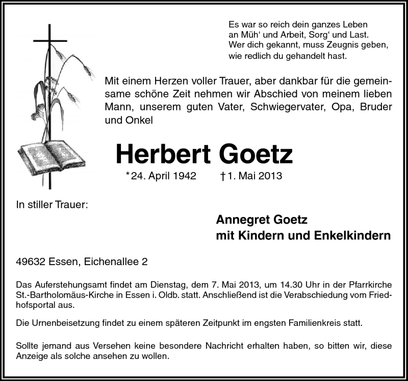  Traueranzeige für Herbert Goetz vom 03.05.2013 aus Neue Osnabrücker Zeitung GmbH & Co. KG