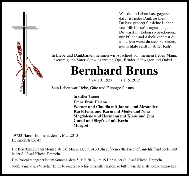  Traueranzeige für Bernhard Bruns vom 04.05.2013 aus Neue Osnabrücker Zeitung GmbH & Co. KG