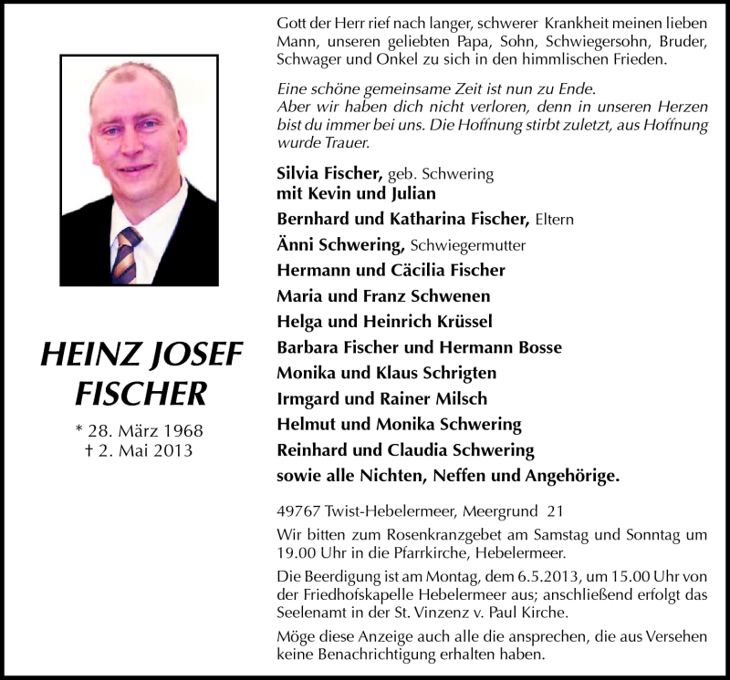  Traueranzeige für Heinz Josef Fischer vom 04.05.2013 aus Neue Osnabrücker Zeitung GmbH & Co. KG