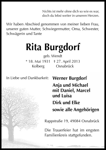 Traueranzeige von Rita Burgdorf von Neue Osnabrücker Zeitung GmbH & Co. KG