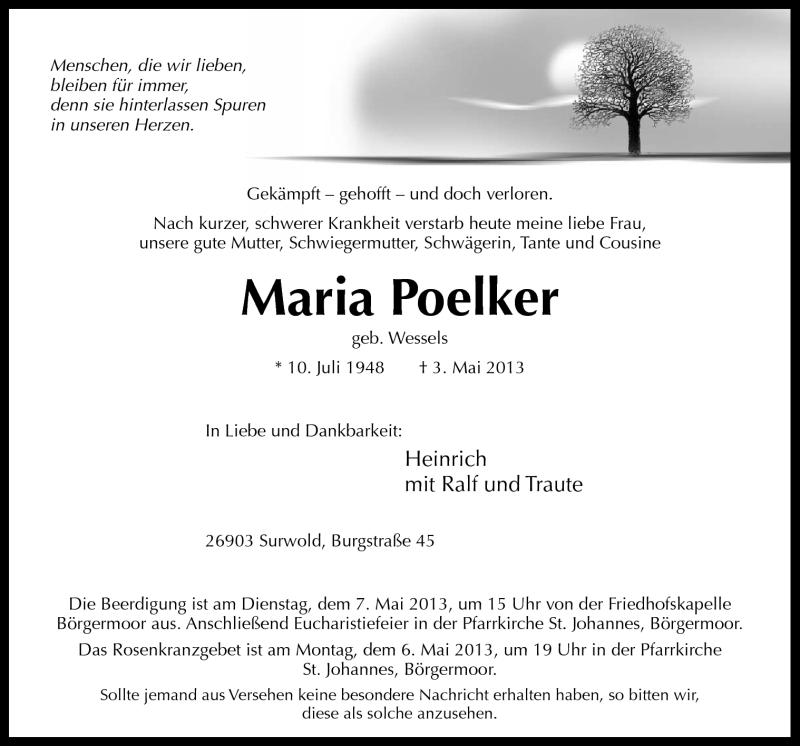  Traueranzeige für Maria Poelker vom 06.05.2013 aus Neue Osnabrücker Zeitung GmbH & Co. KG