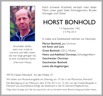 Traueranzeige von Horst Bonhold von Neue Osnabrücker Zeitung GmbH & Co. KG