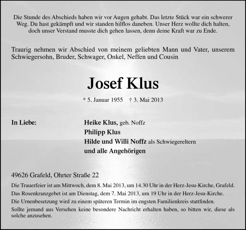  Traueranzeige für Josef Klus vom 06.05.2013 aus Neue Osnabrücker Zeitung GmbH & Co. KG