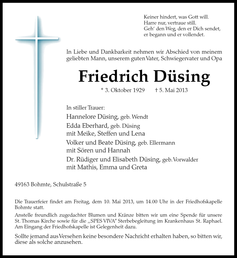  Traueranzeige für Friedrich Düsing vom 07.05.2013 aus Neue Osnabrücker Zeitung GmbH & Co. KG