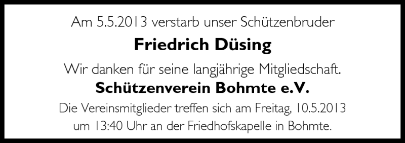  Traueranzeige für Friedrich Düsing vom 07.05.2013 aus Neue Osnabrücker Zeitung GmbH & Co. KG
