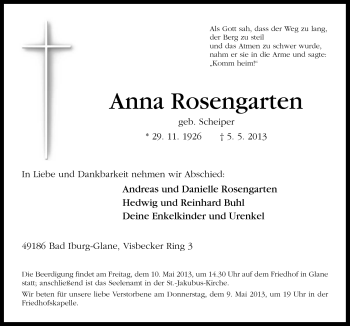 Traueranzeige von Anna Rosengarten von Neue Osnabrücker Zeitung GmbH & Co. KG