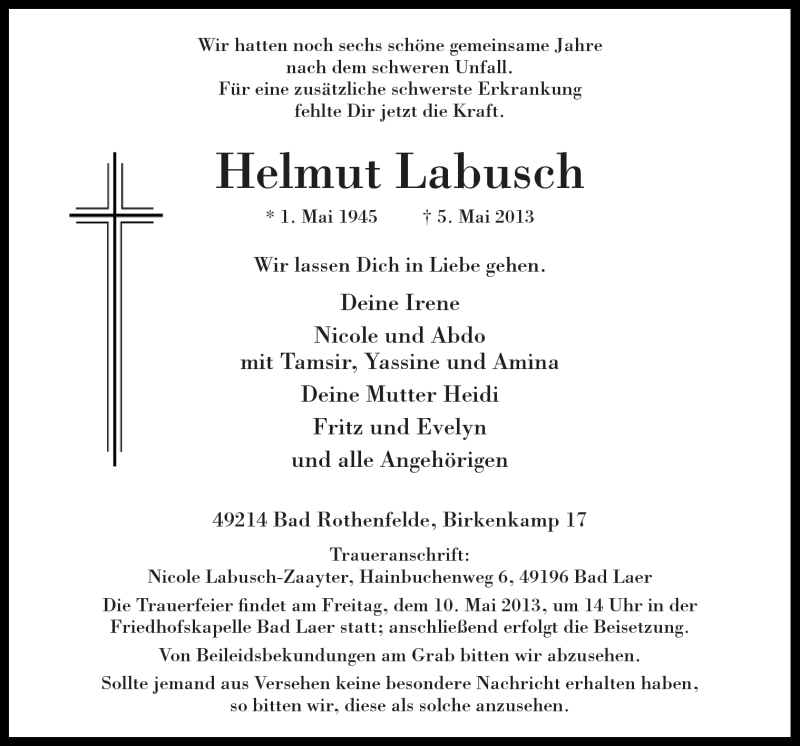  Traueranzeige für Helmut Labusch vom 08.05.2013 aus Neue Osnabrücker Zeitung GmbH & Co. KG
