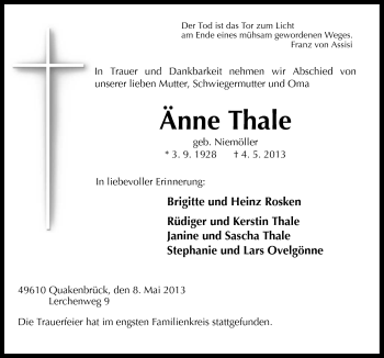 Traueranzeige von Änne Thale von Neue Osnabrücker Zeitung GmbH & Co. KG