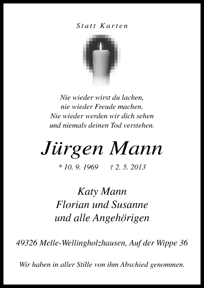  Traueranzeige für Jürgen Mann vom 08.05.2013 aus Neue Osnabrücker Zeitung GmbH & Co. KG