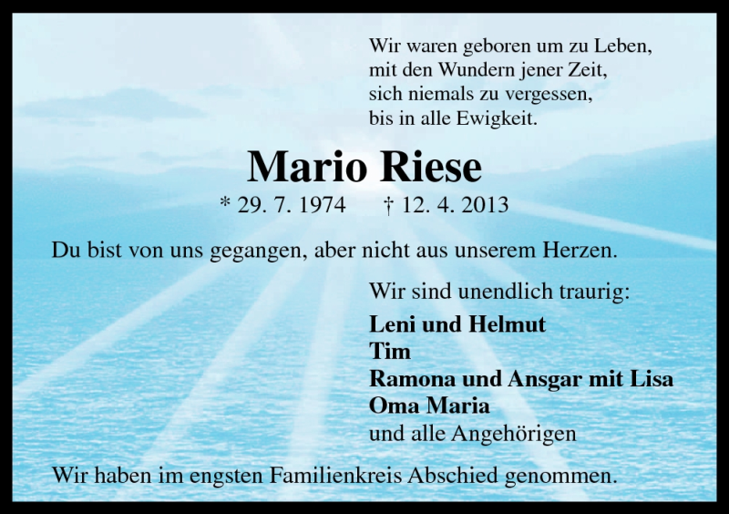  Traueranzeige für Mario Riese vom 08.05.2013 aus Neue Osnabrücker Zeitung GmbH & Co. KG