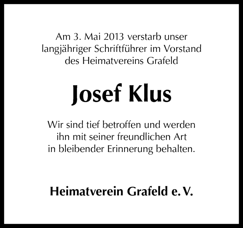  Traueranzeige für Josef Klus vom 08.05.2013 aus Neue Osnabrücker Zeitung GmbH & Co. KG