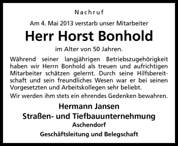 Traueranzeige von Horst Bonhold von Neue Osnabrücker Zeitung GmbH & Co. KG