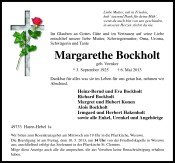 Traueranzeige von Margarethe Bockholt von Neue Osnabrücker Zeitung GmbH & Co. KG
