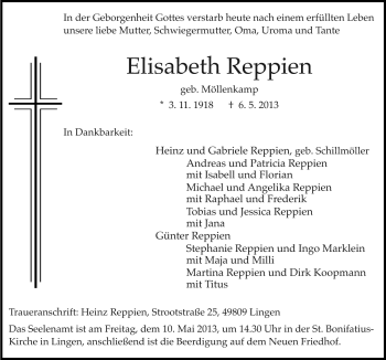 Traueranzeige von Elisabeth Reppien von Neue Osnabrücker Zeitung GmbH & Co. KG