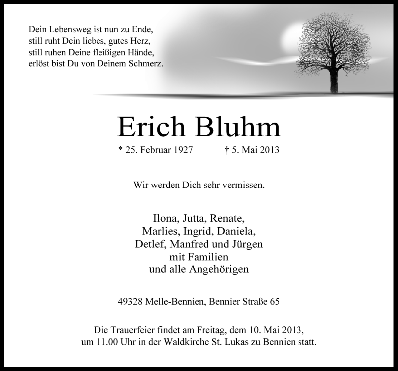  Traueranzeige für Erich Bluhm vom 08.05.2013 aus Neue Osnabrücker Zeitung GmbH & Co. KG