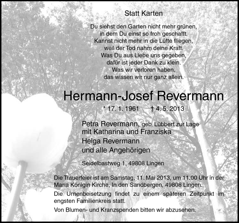  Traueranzeige für Hermann-Josef Revermann vom 08.05.2013 aus Neue Osnabrücker Zeitung GmbH & Co. KG
