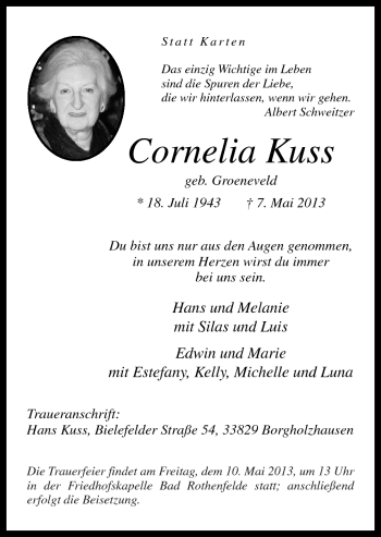 Traueranzeige von Cornelia Kuss von Neue Osnabrücker Zeitung GmbH & Co. KG