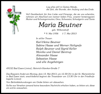 Traueranzeige von Maria Beutner von Neue Osnabrücker Zeitung GmbH & Co. KG