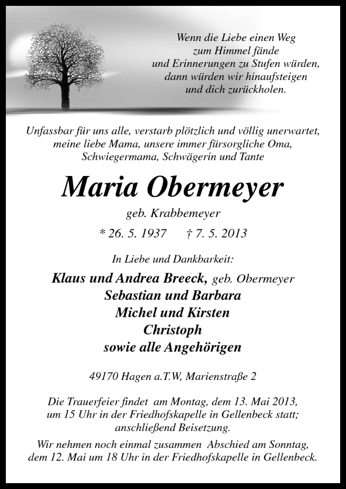  Traueranzeige für Maria Obermeyer vom 10.05.2013 aus Neue Osnabrücker Zeitung GmbH & Co. KG