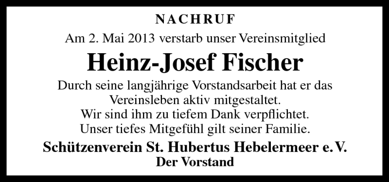  Traueranzeige für Heinz-Josef Fischer vom 11.05.2013 aus Neue Osnabrücker Zeitung GmbH & Co. KG