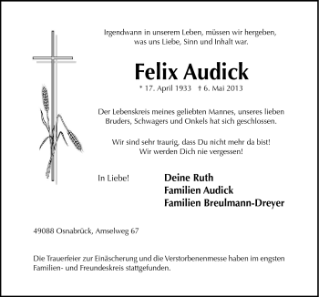 Traueranzeige von Felix Audick von Neue Osnabrücker Zeitung GmbH & Co. KG