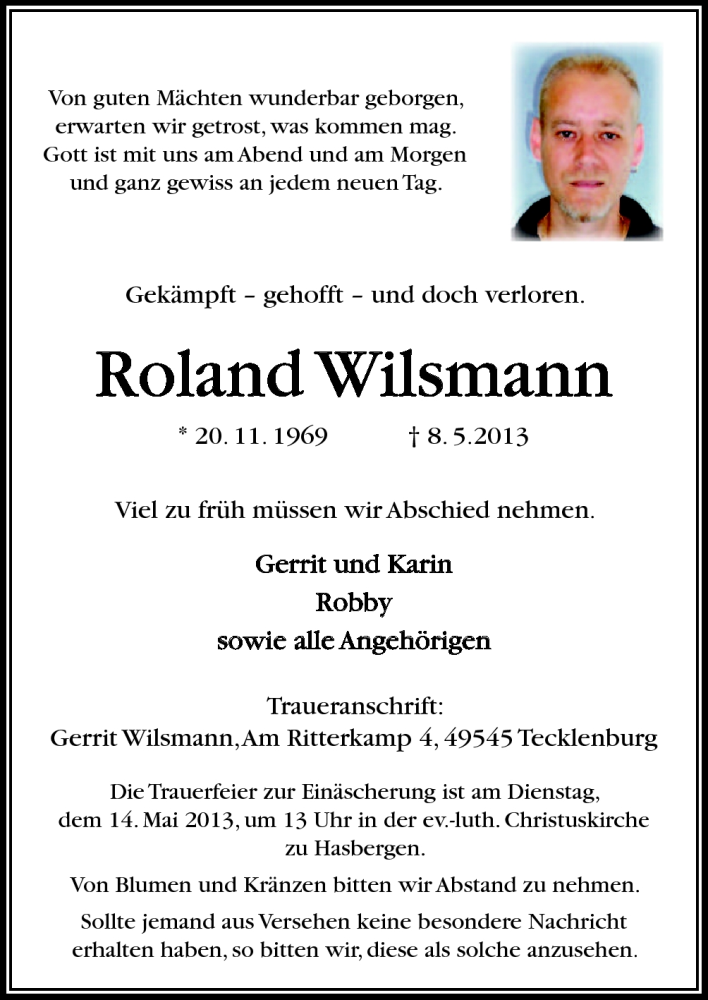  Traueranzeige für Roland Wilsmann vom 11.05.2013 aus Neue Osnabrücker Zeitung GmbH & Co. KG
