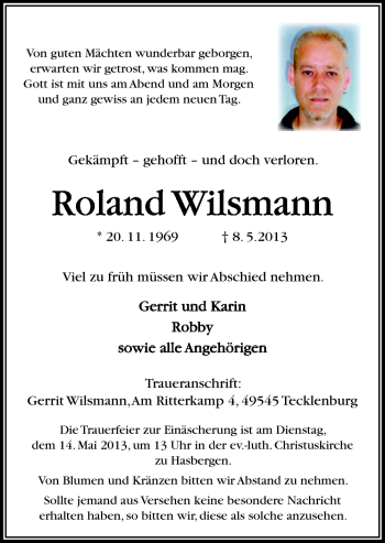 Traueranzeige von Roland Wilsmann von Neue Osnabrücker Zeitung GmbH & Co. KG