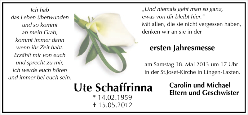  Traueranzeige für Ute Schaffrinna vom 15.05.2013 aus Neue Osnabrücker Zeitung GmbH & Co. KG