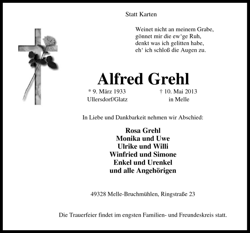  Traueranzeige für Alfred Grehl vom 13.05.2013 aus Neue Osnabrücker Zeitung GmbH & Co. KG