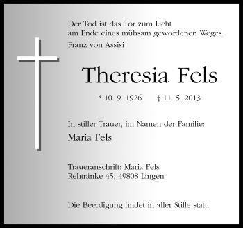 Traueranzeige von Theresia Fels von Neue Osnabrücker Zeitung GmbH & Co. KG