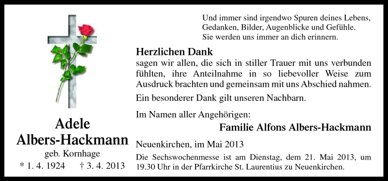  Traueranzeige für Adele Albers-Hackmann vom 18.05.2013 aus Neue Osnabrücker Zeitung GmbH & Co. KG