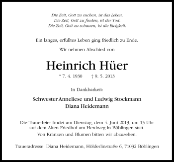 Traueranzeige von Heinrich Hüer von Neue Osnabrücker Zeitung GmbH & Co. KG