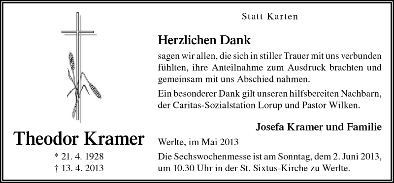  Traueranzeige für Theodor Kramer vom 28.05.2013 aus Neue Osnabrücker Zeitung GmbH & Co. KG