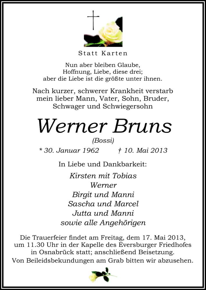  Traueranzeige für Werner Bruns vom 15.05.2013 aus Neue Osnabrücker Zeitung GmbH & Co. KG